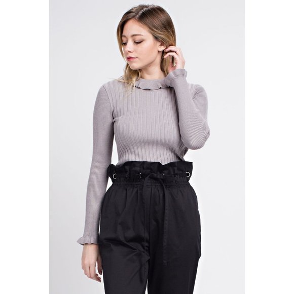Women's Casual Ruffled Ribbed Turtle Neck Long Sleeve Sweater - Picture 3 of 10
